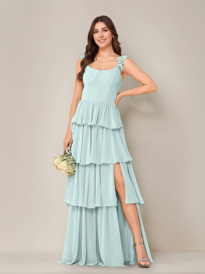 A-Line/Princess Scoop Neck Sleeveless Floor-Length Bridesmaid Dress with Ruffles & Split Side