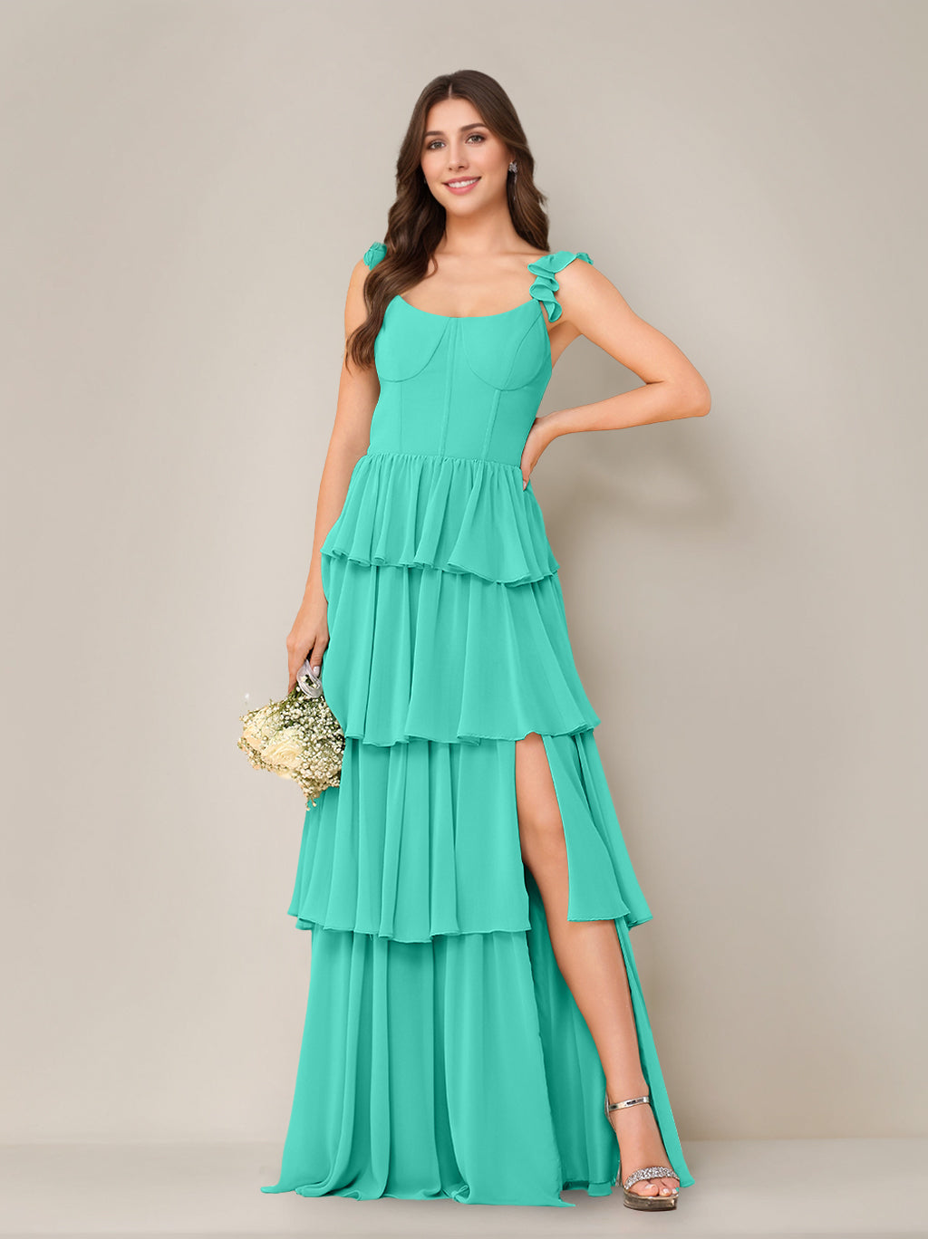 A-Line/Princess Scoop Neck Sleeveless Floor-Length Bridesmaid Dress with Ruffles & Split Side