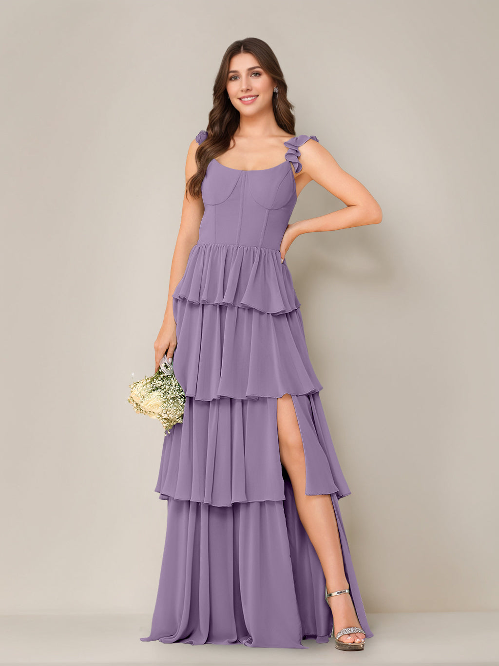 A-Line/Princess Scoop Neck Sleeveless Floor-Length Bridesmaid Dress with Ruffles & Split Side
