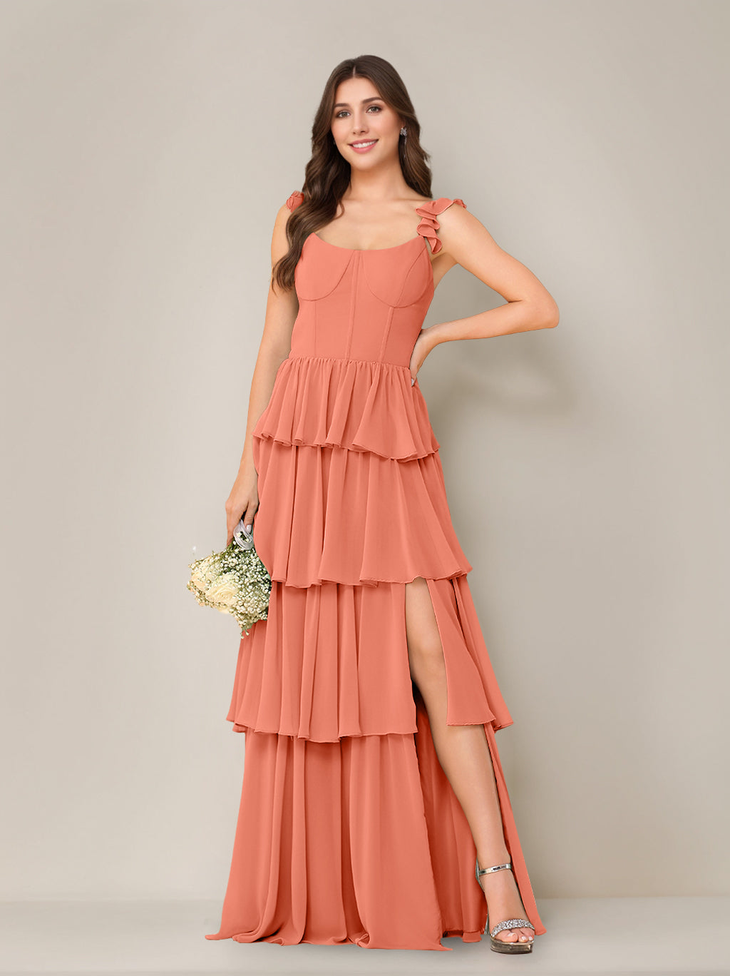 A-Line/Princess Scoop Neck Sleeveless Floor-Length Bridesmaid Dress with Ruffles & Split Side
