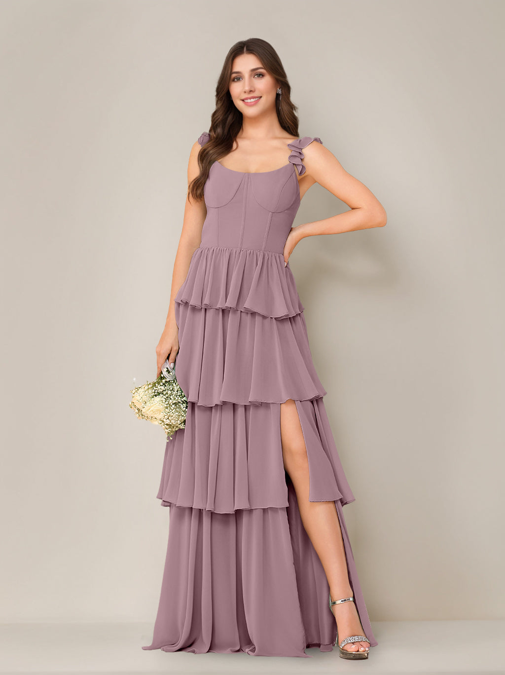 A-Line/Princess Scoop Neck Sleeveless Floor-Length Bridesmaid Dress with Ruffles & Split Side
