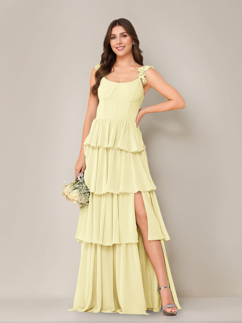 A-Line/Princess Scoop Neck Sleeveless Floor-Length Bridesmaid Dress with Ruffles & Split Side