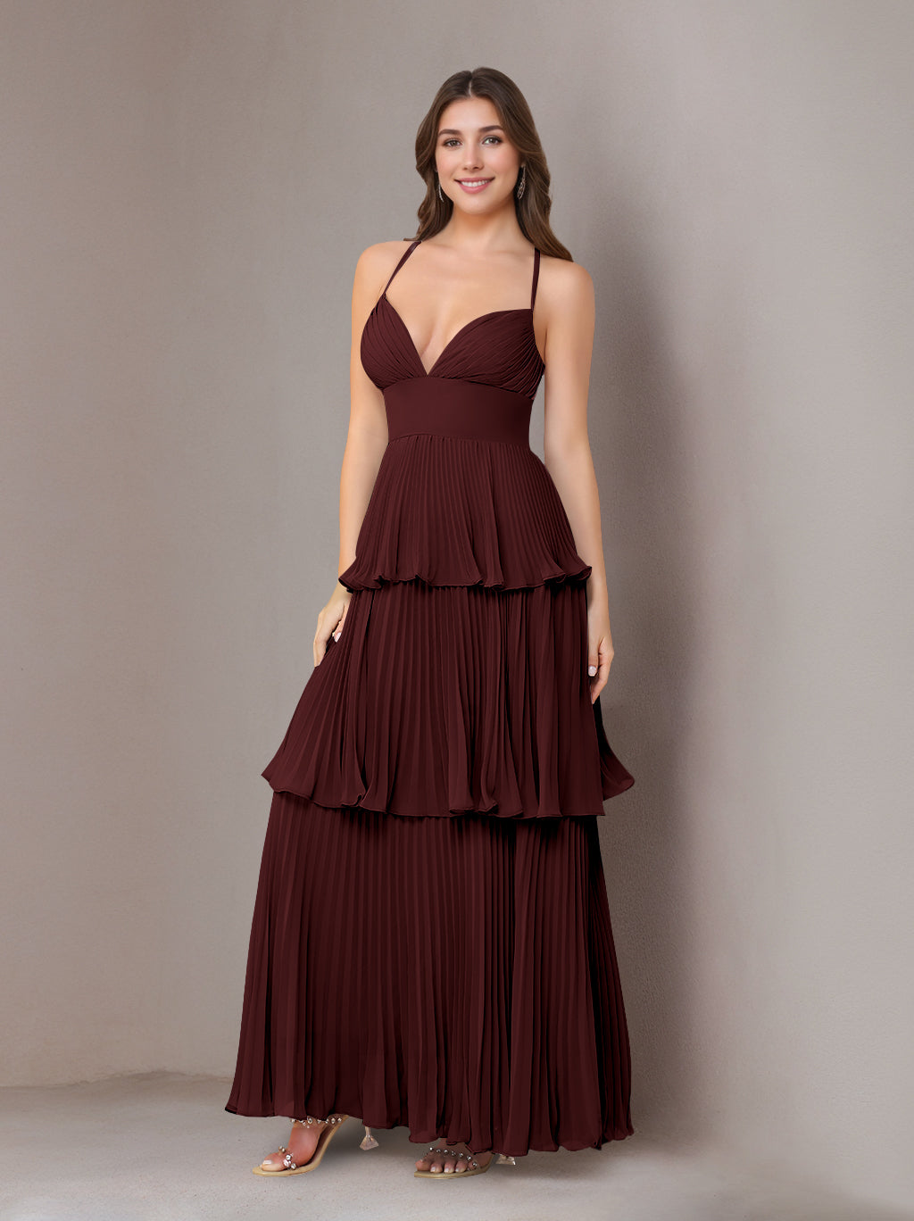 A-Line/Princess Spaghetti Straps Sleeveless Floor-Length Chiffon Bridesmaid Dresses with Pleated