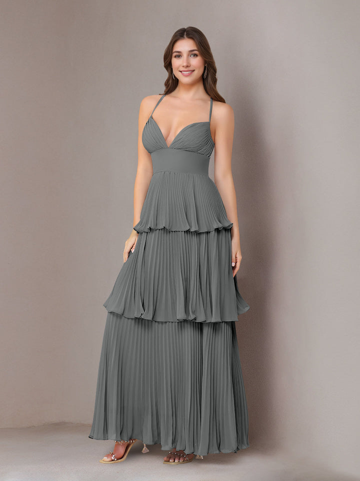 A-Line/Princess Spaghetti Straps Sleeveless Floor-Length Chiffon Bridesmaid Dresses with Pleated