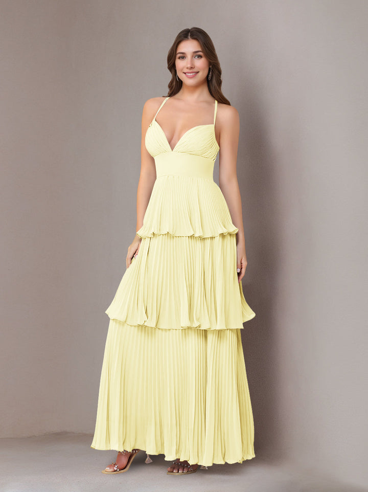 A-Line/Princess Spaghetti Straps Sleeveless Floor-Length Chiffon Bridesmaid Dresses with Pleated