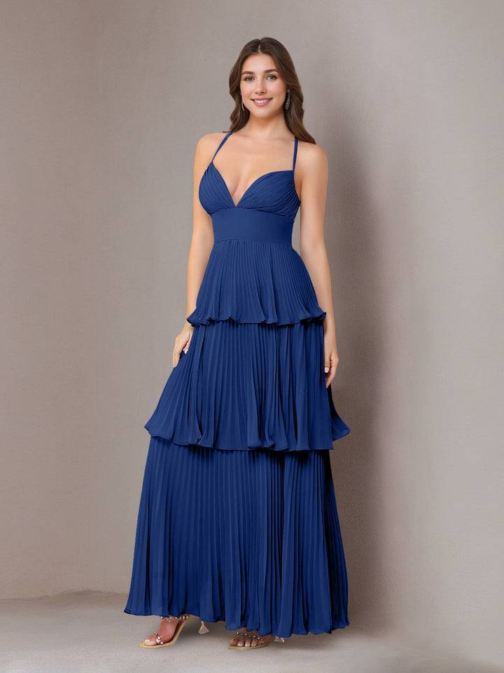 A-Line/Princess Spaghetti Straps Sleeveless Floor-Length Chiffon Bridesmaid Dresses with Pleated