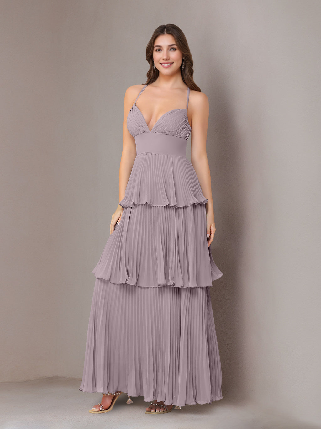 A-Line/Princess Spaghetti Straps Sleeveless Floor-Length Chiffon Bridesmaid Dresses with Pleated