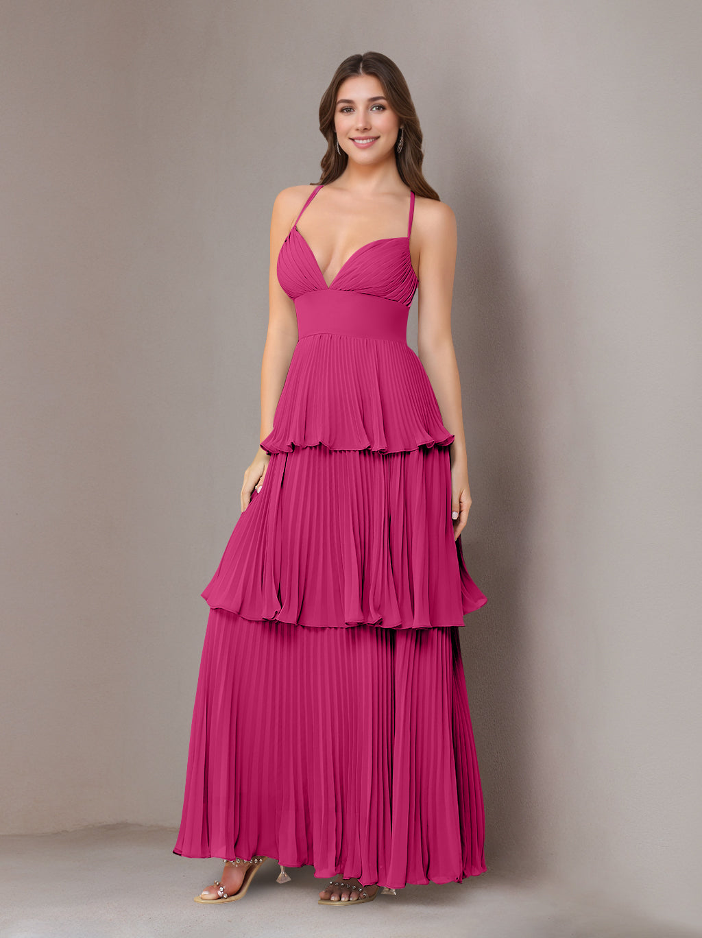 A-Line/Princess Spaghetti Straps Sleeveless Floor-Length Chiffon Bridesmaid Dresses with Pleated
