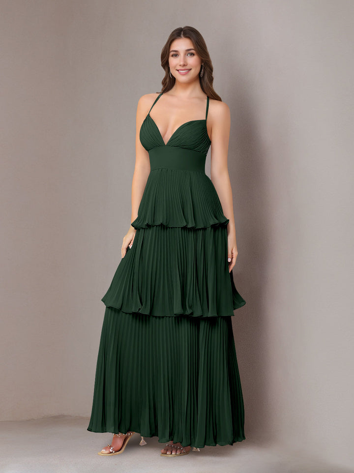 A-Line/Princess Spaghetti Straps Sleeveless Floor-Length Chiffon Bridesmaid Dresses with Pleated