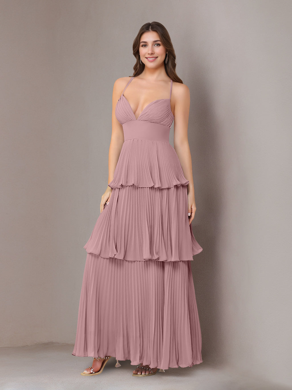 A-Line/Princess Spaghetti Straps Sleeveless Floor-Length Chiffon Bridesmaid Dresses with Pleated