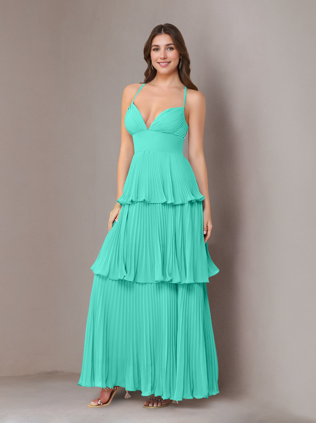 A-Line/Princess Spaghetti Straps Sleeveless Floor-Length Chiffon Bridesmaid Dresses with Pleated