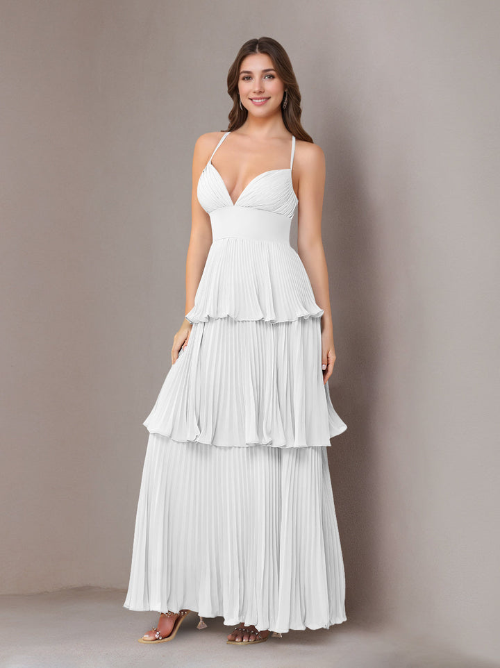A-Line/Princess Spaghetti Straps Sleeveless Floor-Length Chiffon Bridesmaid Dresses with Pleated
