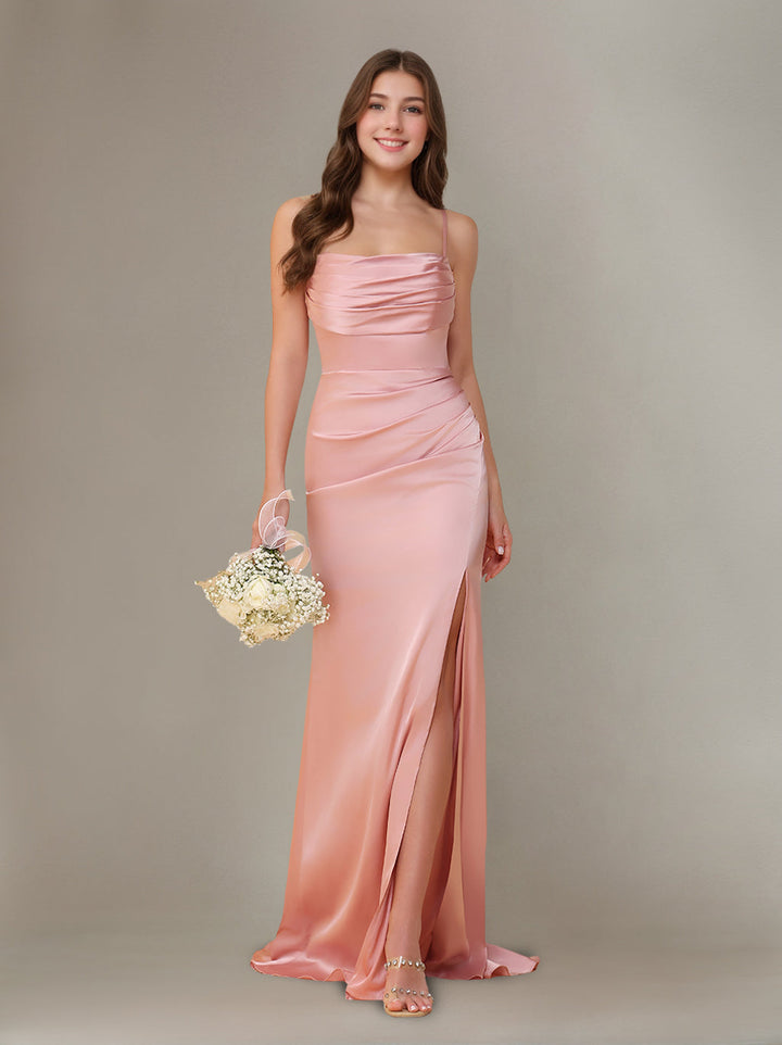 Sheath/Column Spaghetti Straps Sleeveless Floor-Length Silk Satin Bridesmaid Dresses with Ruffles & Split Side