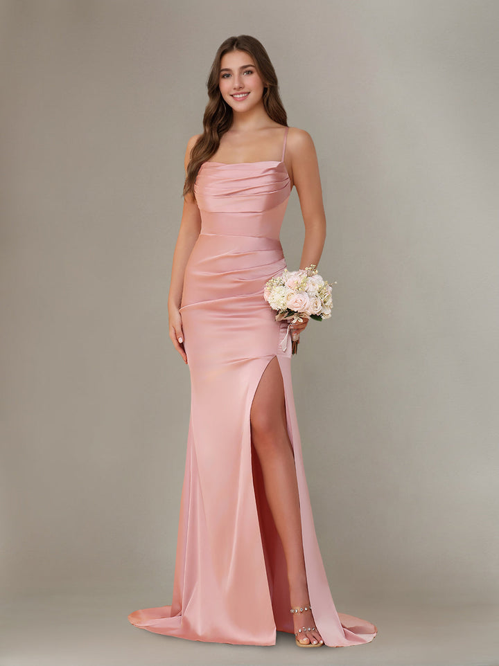 Sheath/Column Spaghetti Straps Sleeveless Floor-Length Silk Satin Bridesmaid Dresses with Ruffles & Split Side