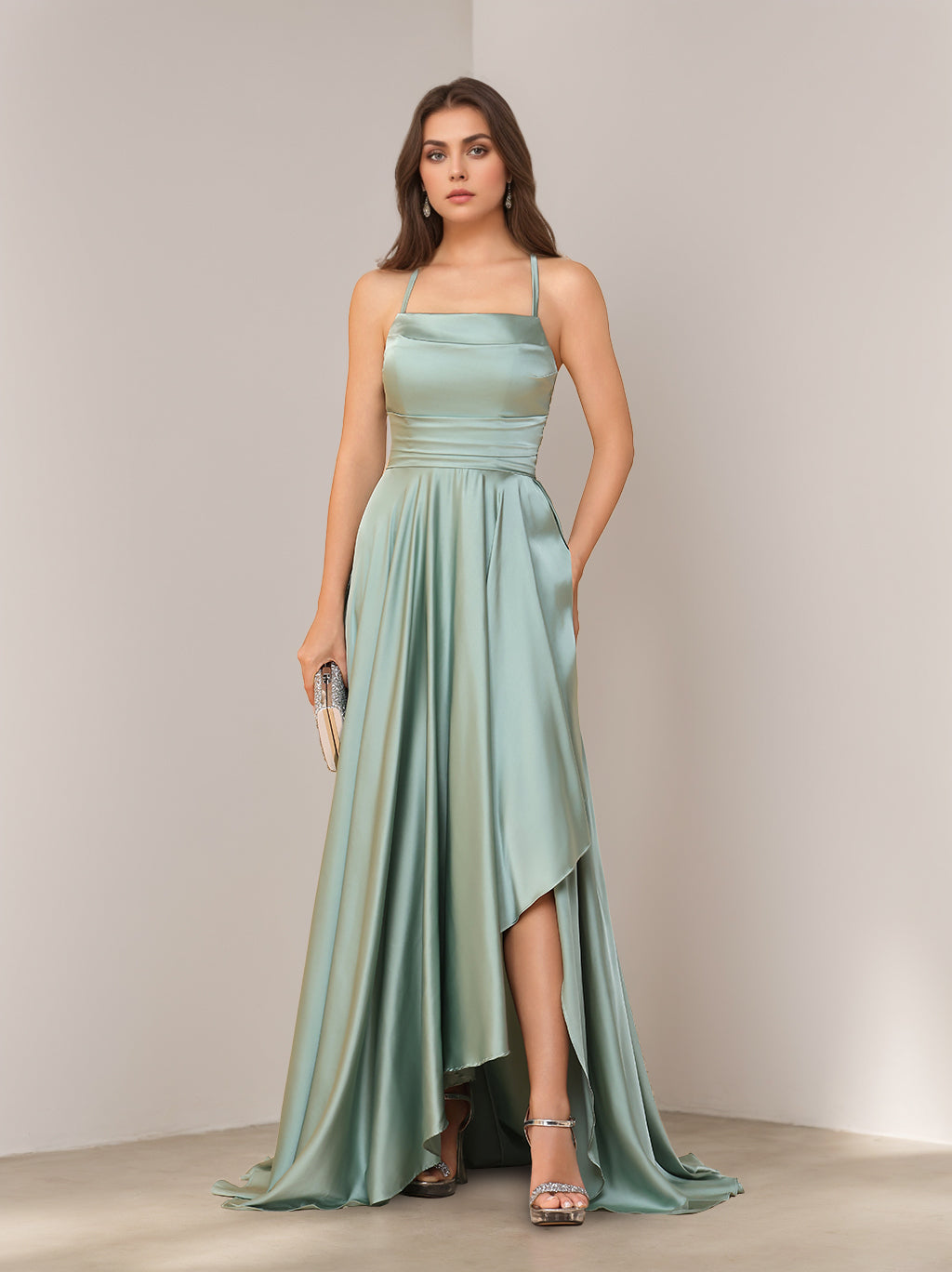 A-Line/Princess Spaghetti Straps Sleeveless Asymmetrical Bridesmaid Dresses with Split Side