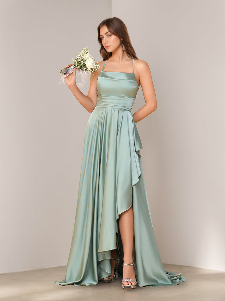 A-Line/Princess Spaghetti Straps Sleeveless Asymmetrical Bridesmaid Dresses with Split Side