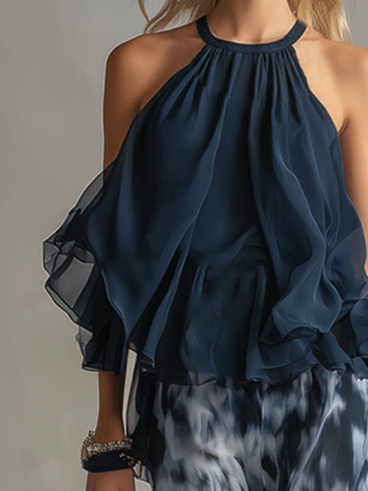 Ludovica - elegant chiffon set with high-neck top and printed wide-leg pants