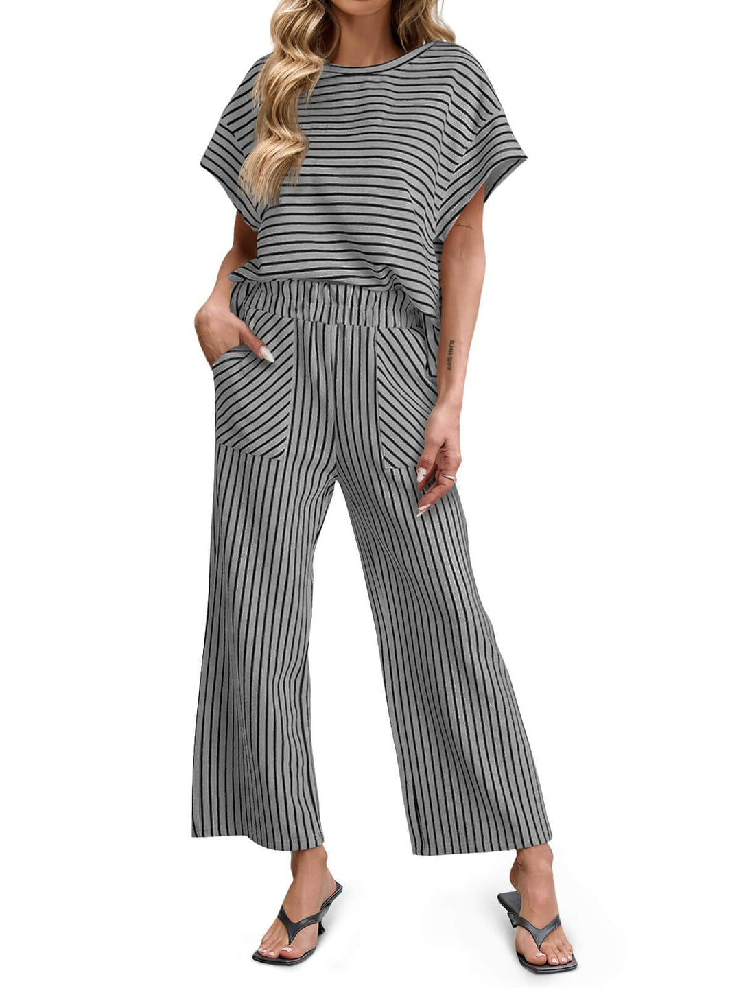 Bea | Two-Piece Striped Set Short Sleeve T-Shirt and Wide Pants