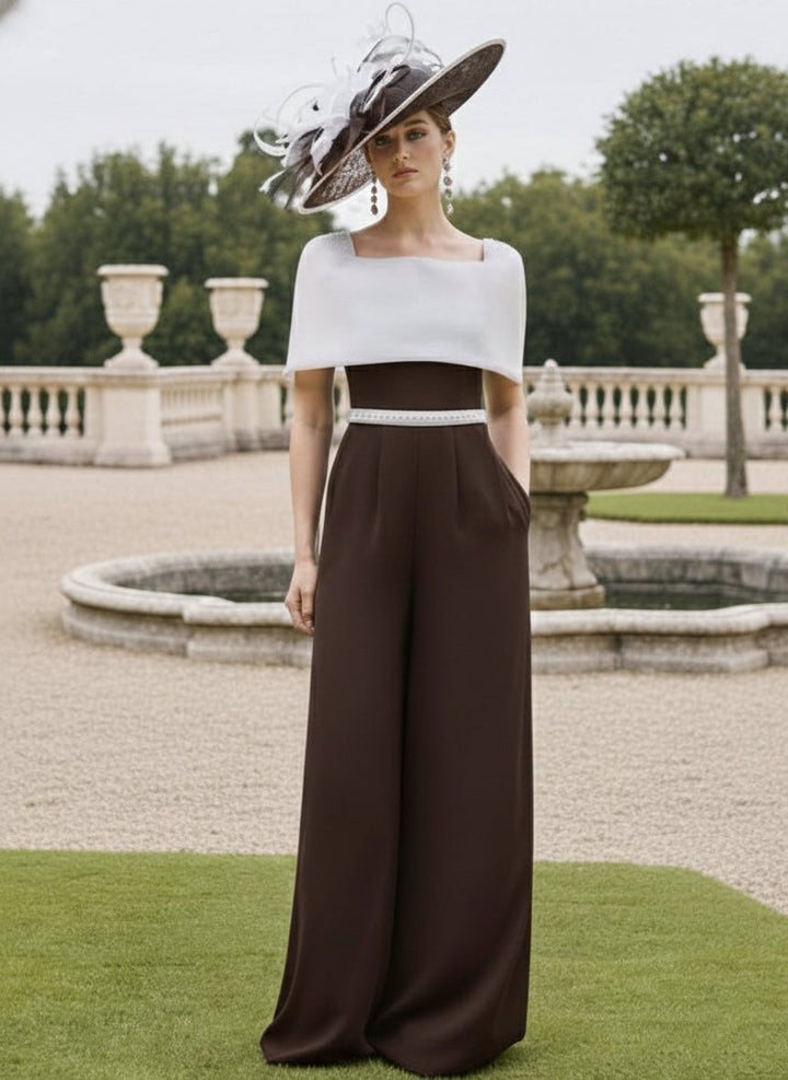 Square Collar Floor-Length Jumpsuit Mother of the Bride Off-the-Shoulder Cape