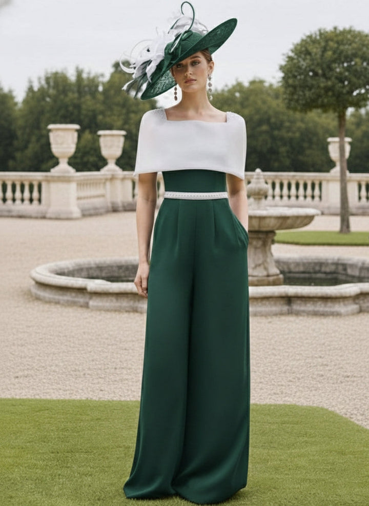 Square Collar Floor-Length Jumpsuit Mother of the Bride Off-the-Shoulder Cape