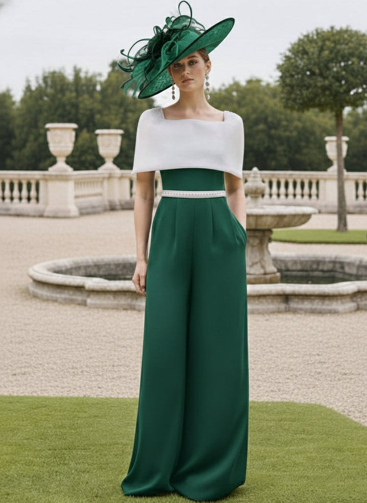 Square Collar Floor-Length Jumpsuit Mother of the Bride Off-the-Shoulder Cape