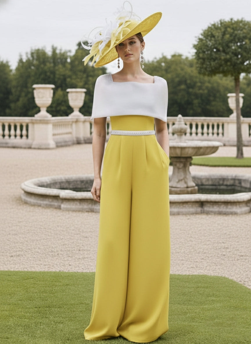 Square Collar Floor-Length Jumpsuit Mother of the Bride Off-the-Shoulder Cape