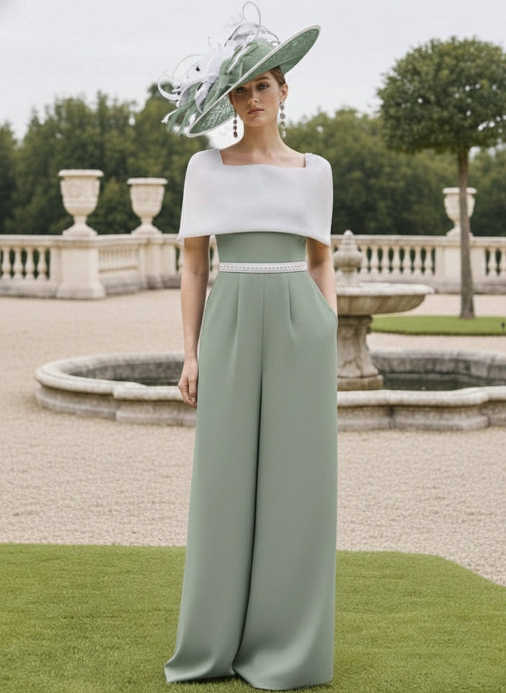 Square Collar Floor-Length Jumpsuit Mother of the Bride Off-the-Shoulder Cape