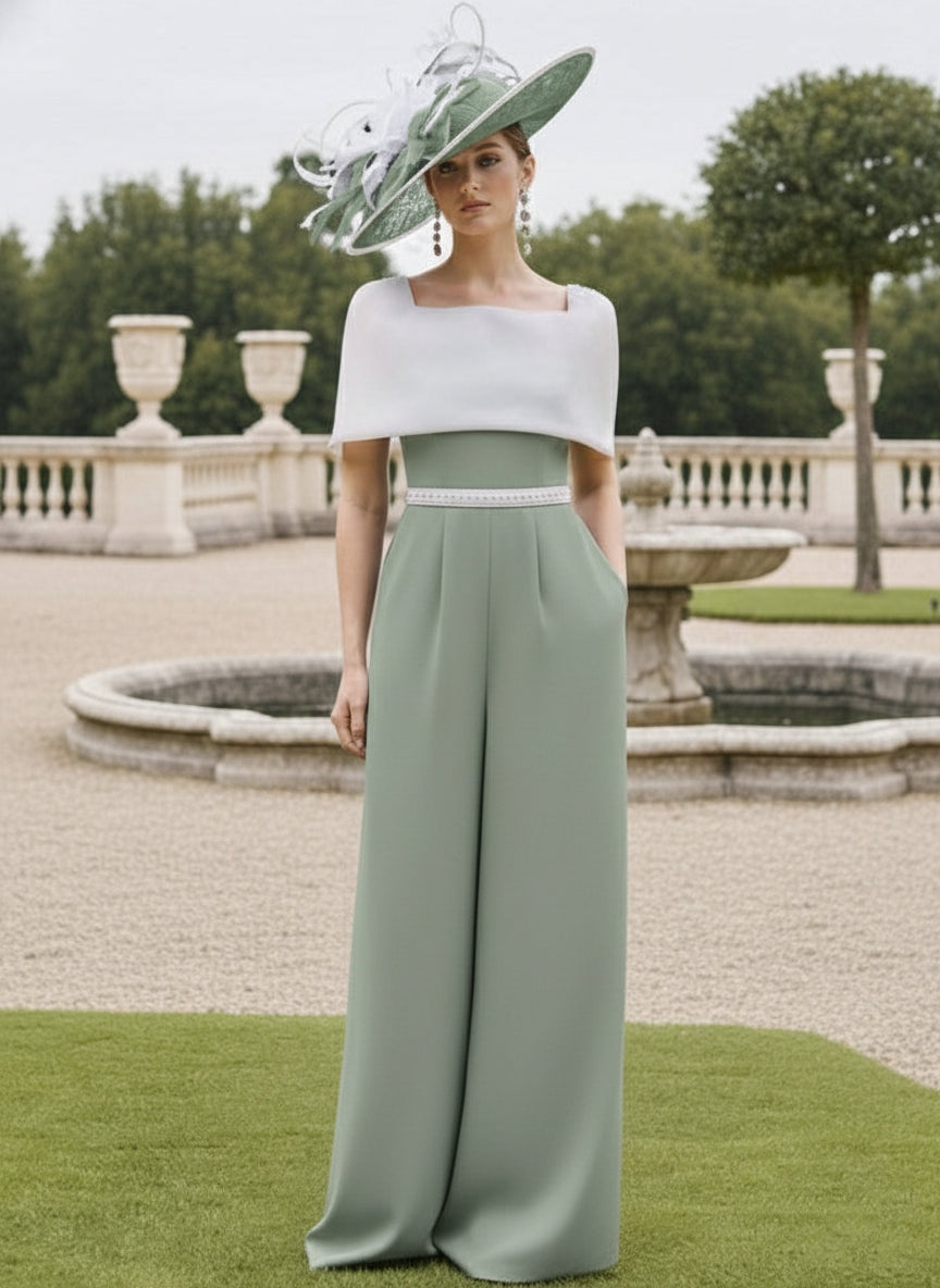 Square Collar Floor-Length Jumpsuit Mother of the Bride Off-the-Shoulder Cape