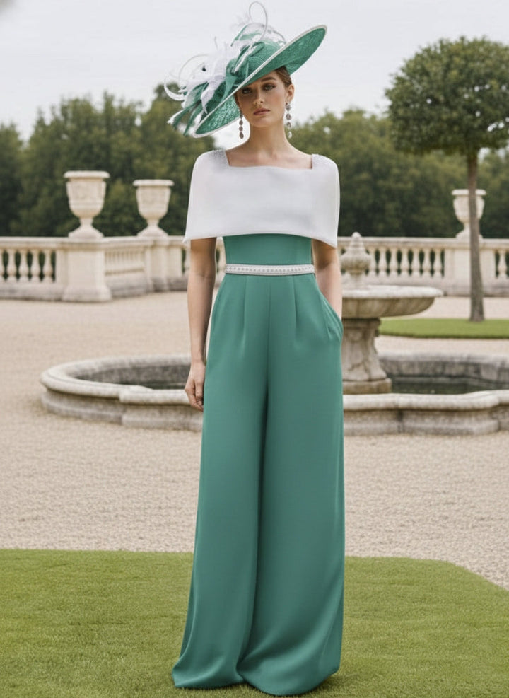 Square Collar Floor-Length Jumpsuit Mother of the Bride Off-the-Shoulder Cape