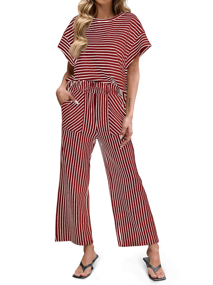 Bea | Two-Piece Striped Set Short Sleeve T-Shirt and Wide Pants