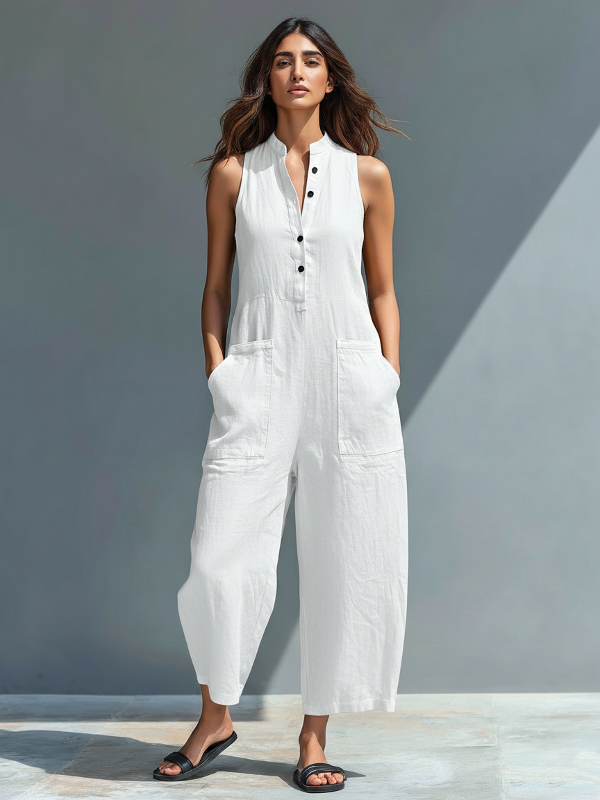 Lea | Minimalist Linen Sleeveless Jumpsuit with High Collar