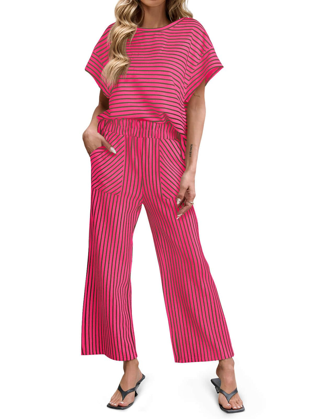 Bea | Two-Piece Striped Set Short Sleeve T-Shirt and Wide Pants