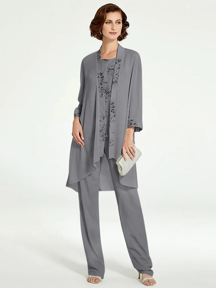 Chiffon Round Neck Floor-Length Mother of the Bride Pantsuits with Jacket