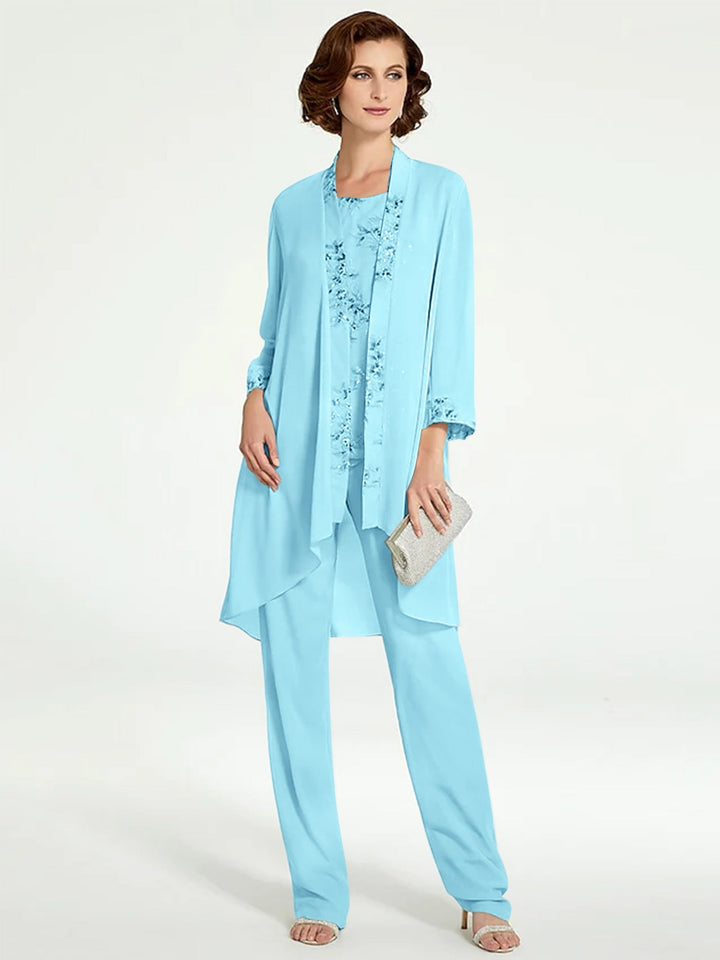 Chiffon Round Neck Floor-Length Mother of the Bride Pantsuits with Jacket