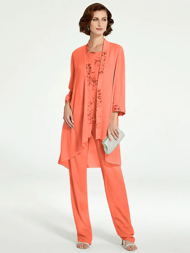 Chiffon Round Neck Floor-Length Mother of the Bride Pantsuits with Jacket