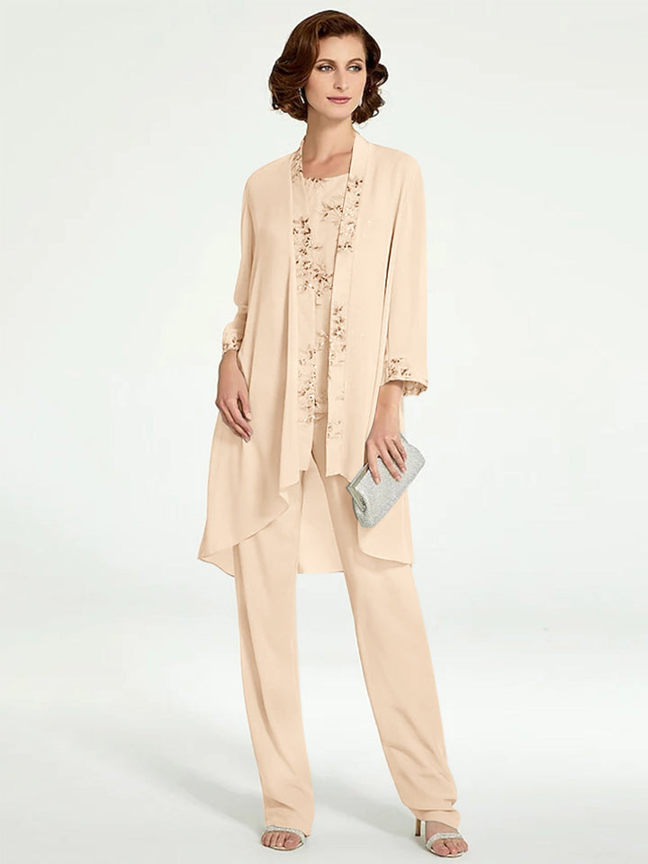 Chiffon Round Neck Floor-Length Mother of the Bride Pantsuits with Jacket