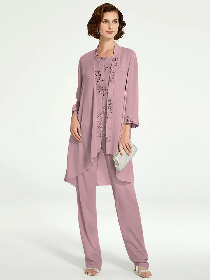 Chiffon Round Neck Floor-Length Mother of the Bride Pantsuits with Jacket