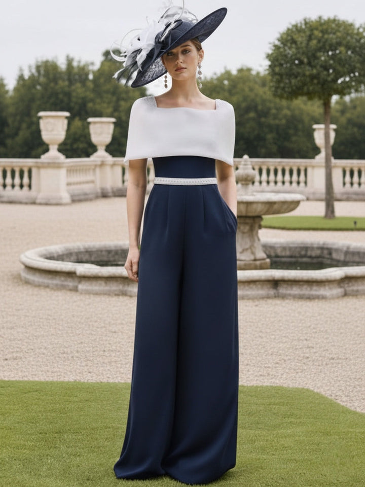 Square Collar Floor-Length Jumpsuit Mother of the Bride Off-the-Shoulder Cape