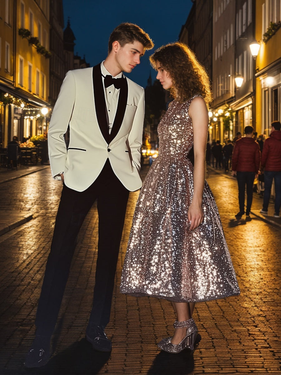 Men's Black & White Single Breasted One-button Shawl Lapel Formal Prom Party Suits