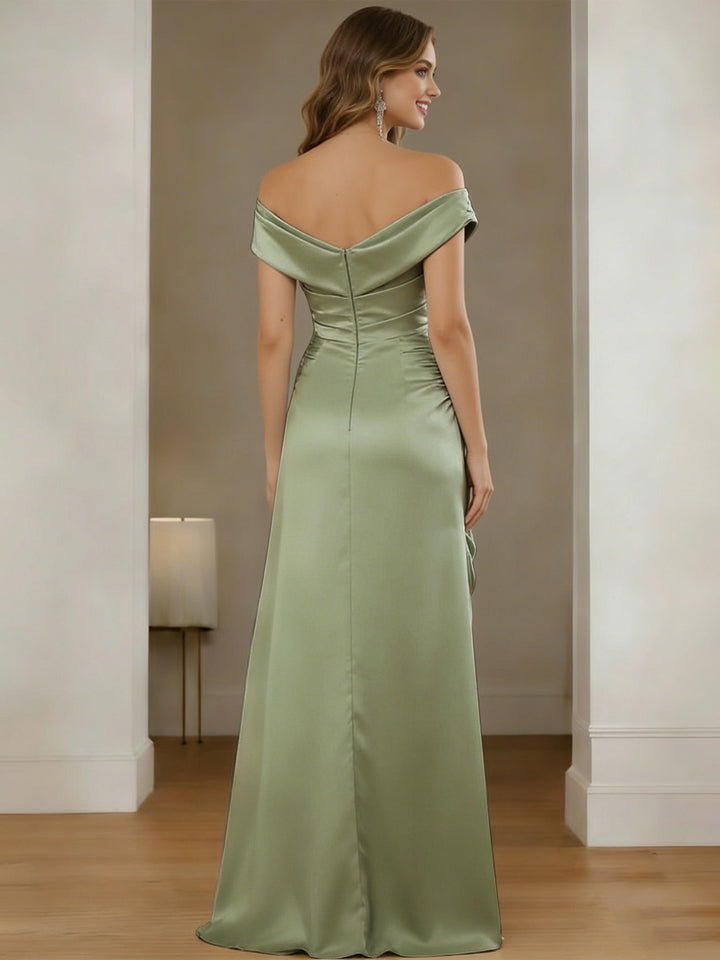A-Line/Princess Off-the-Shoulder Silk Satin Bridesmaid Dresses with Split Side Sleeveless Floor-Length Ruched
