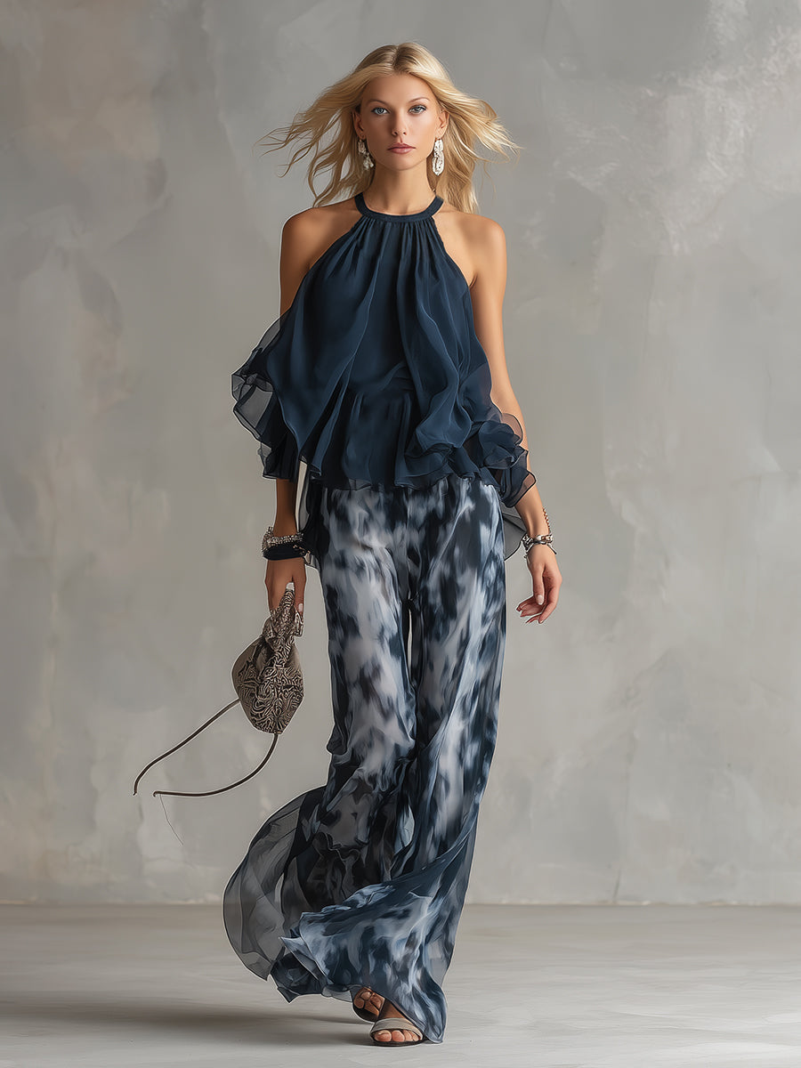 Ludovica - elegant chiffon set with high-neck top and printed wide-leg pants
