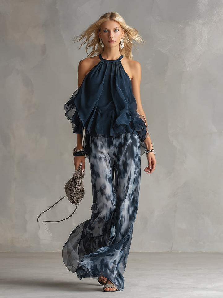 Ludovica - elegant chiffon set with high-neck top and printed wide-leg pants