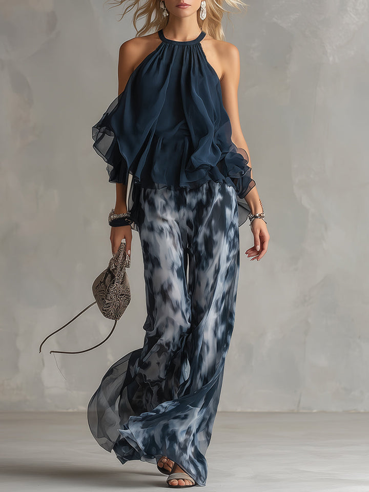 Ludovica - elegant chiffon set with high-neck top and printed wide-leg pants