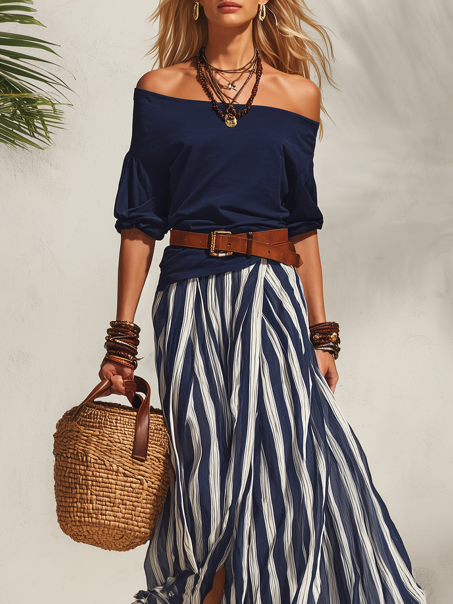 Livia | Elegant Vacation Set Off-the-Shoulder & Striped Skirt