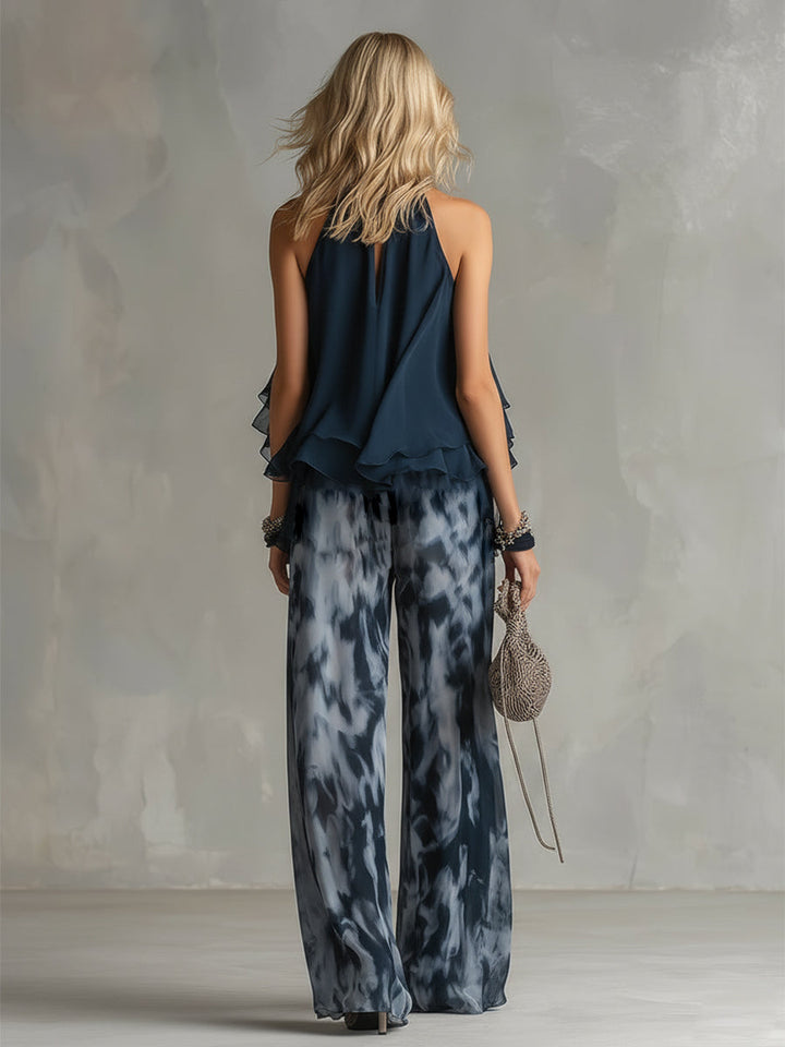 Ludovica - elegant chiffon set with high-neck top and printed wide-leg pants
