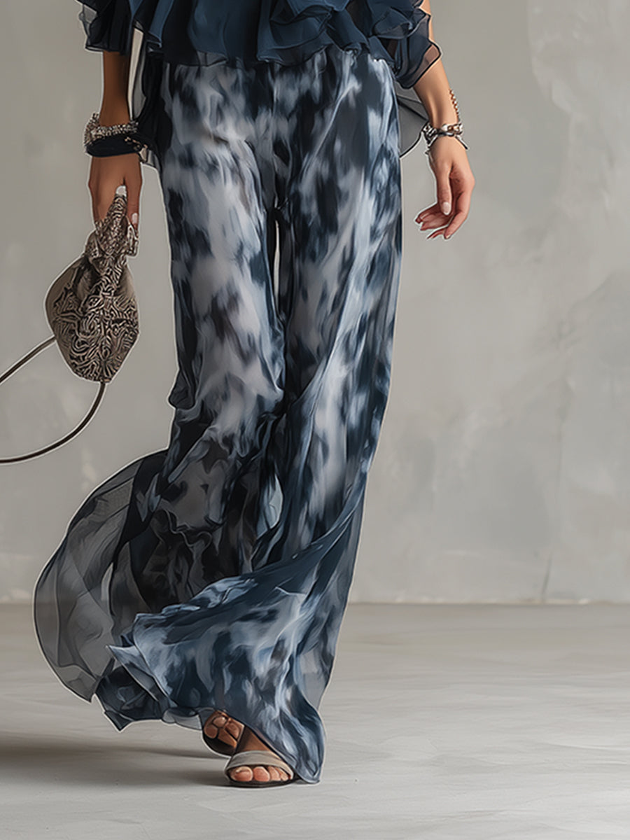 Ludovica - elegant chiffon set with high-neck top and printed wide-leg pants