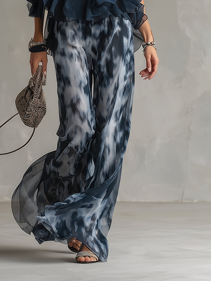 Ludovica - elegant chiffon set with high-neck top and printed wide-leg pants