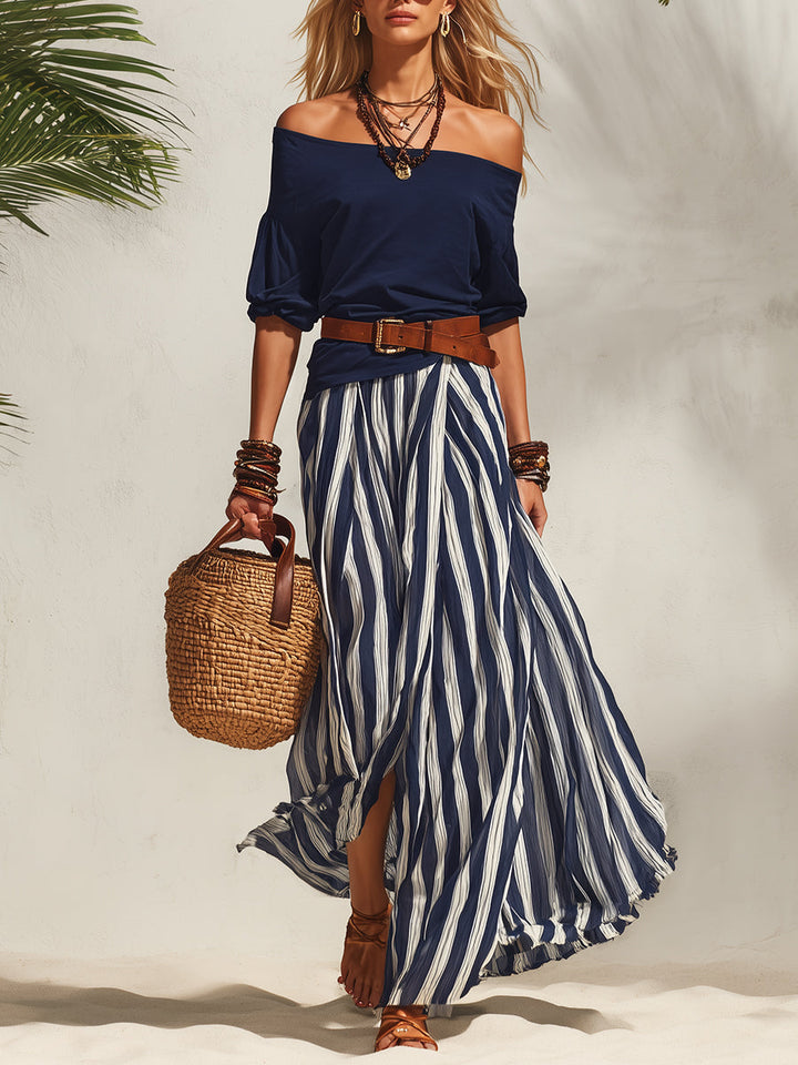 Livia | Elegant Vacation Set Off-the-Shoulder & Striped Skirt
