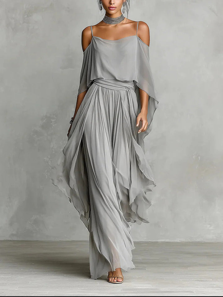 Isabela | Elegant Grey Fluid Set with Straps Top & Lightweight Pants