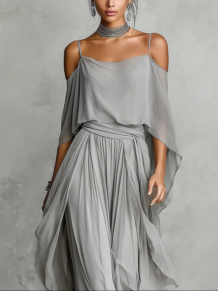 Isabela | Elegant Grey Fluid Set with Straps Top & Lightweight Pants